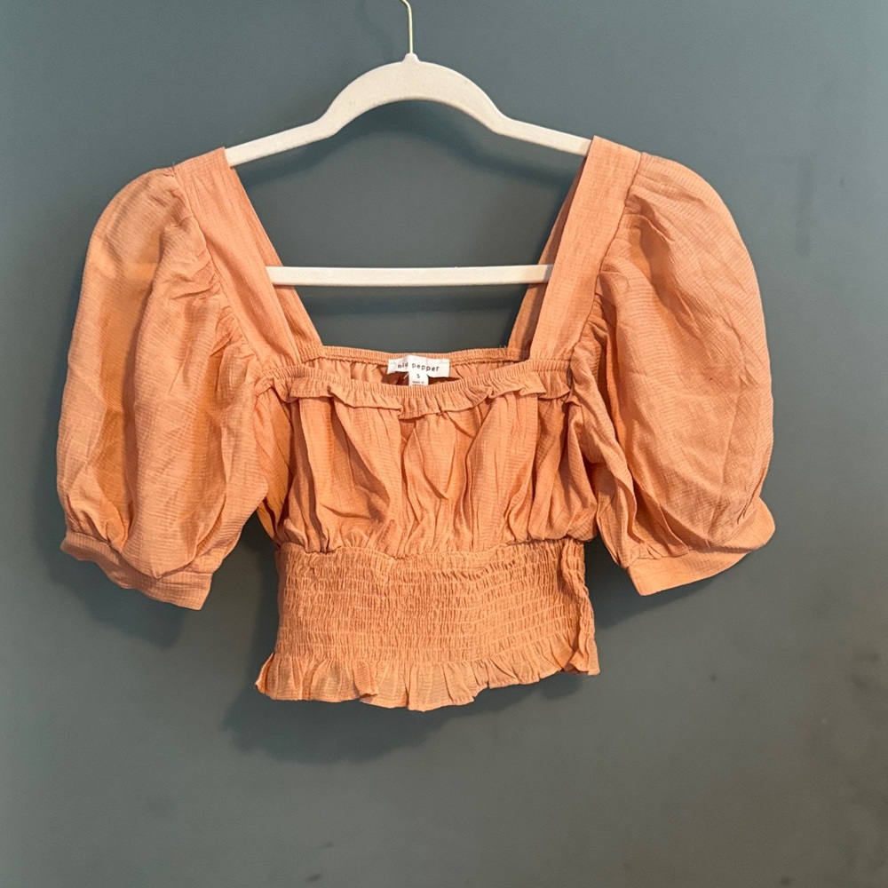 Blu Pepper Rust Orange Smocked Puff Sleeve Crop Top